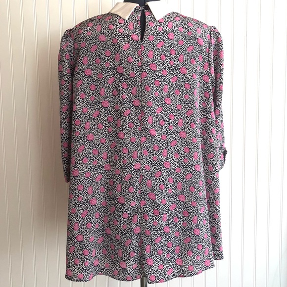 Vintage Pink Rose Patterned Silky Blouse Tunic White Peter Pan Collar Abstract - Picture 2 of 13